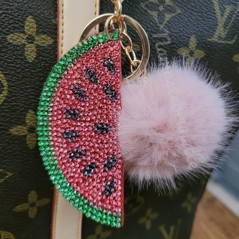 2/$16 Rhinestone Watermelon Pom Pom Keychain Bag Charm